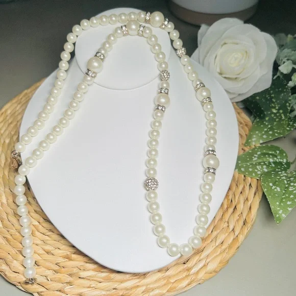 Ann Taylor 32” Long Faux Pearl and Pavé Crystal Necklace - Picture 6 of 8